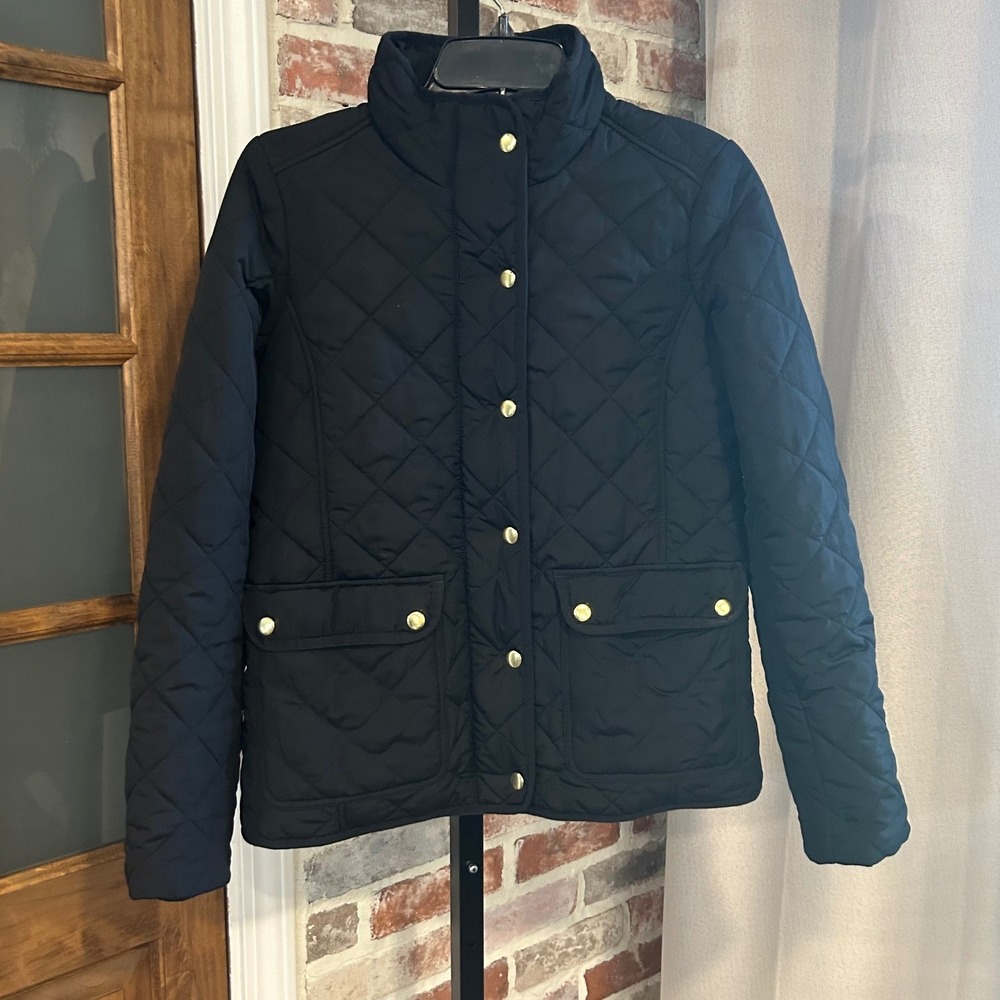 J.Crew Quilted Jacket Women Black Snap Front Field Barn Coat Classic Timeless S